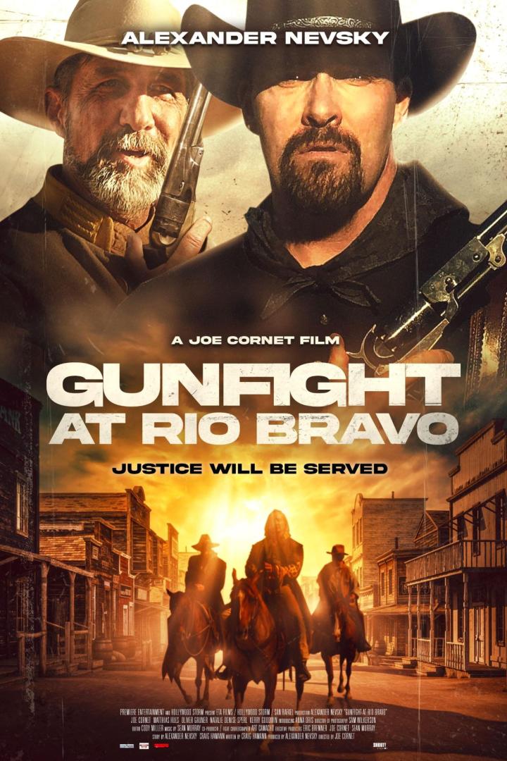 Das Filmplakat für „Gunfight at Rio Bravo“ zeigt Alexander Nevsky und andere bewaffnete Männer.