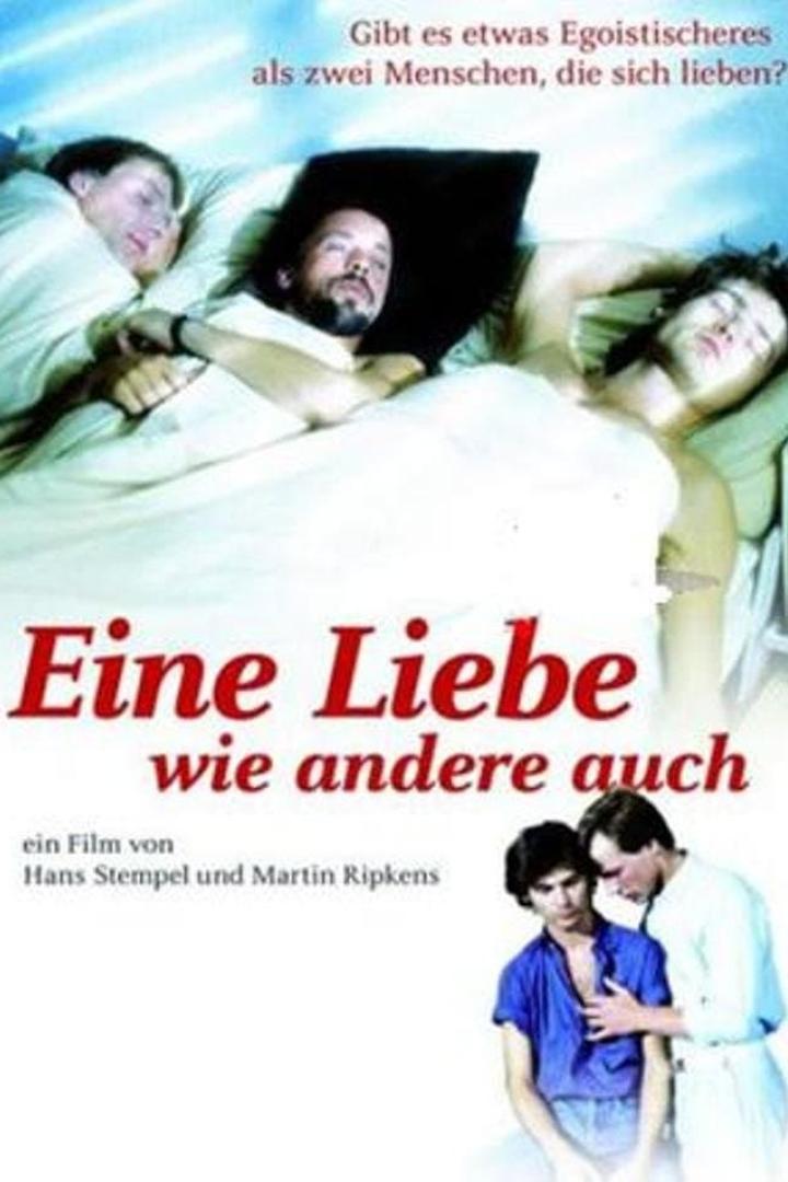 Das Filmplakat für „Eine Liebe wie andere auch“ zeigt drei Männer im Bett und ein Paar im Vordergrund.