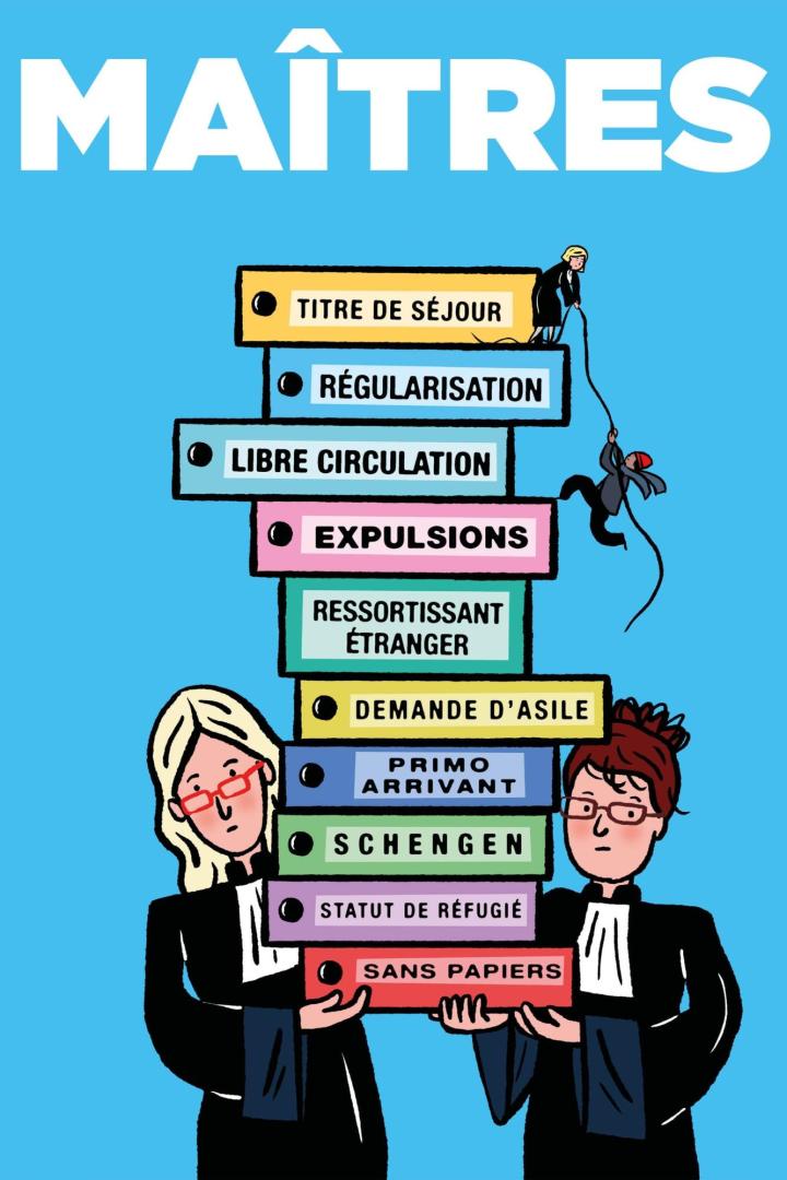 Eine Illustration zum Thema Migrationsrecht mit Anwälten und Aktenordnern zu Aufenthaltsgenehmigungen, Ausweisungen und Schengen.