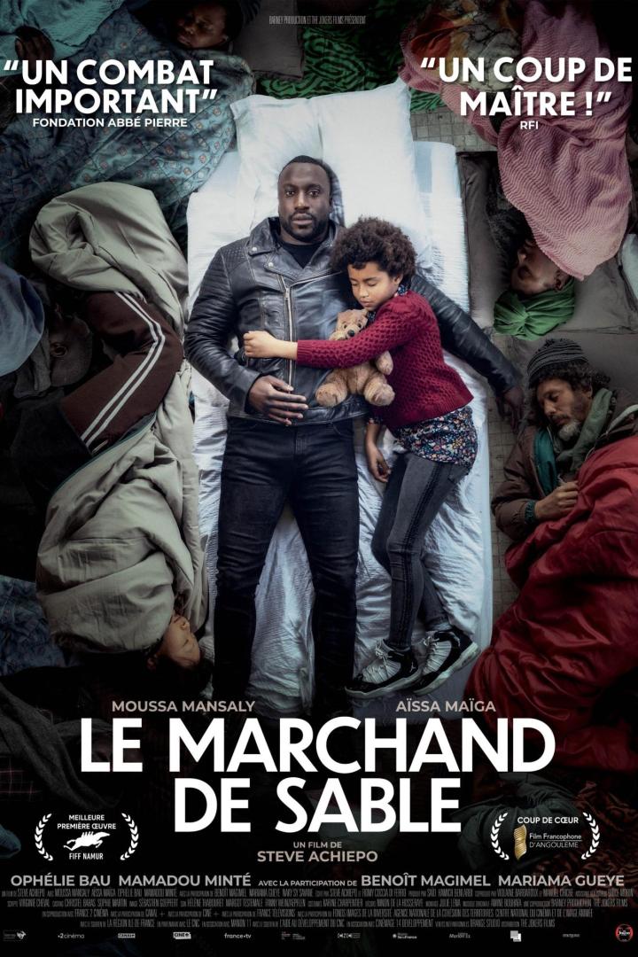 Das Filmplakat für „Le Marchand de Sable“ zeigt einen Mann und ein Kind, die zwischen schlafenden Obdachlosen liegen.