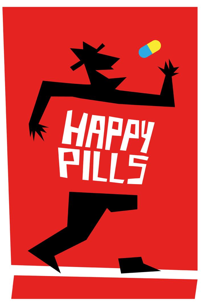 Eine stilisierte Figur wirft eine Pille in die Luft; im Vordergrund steht „Happy Pills“.