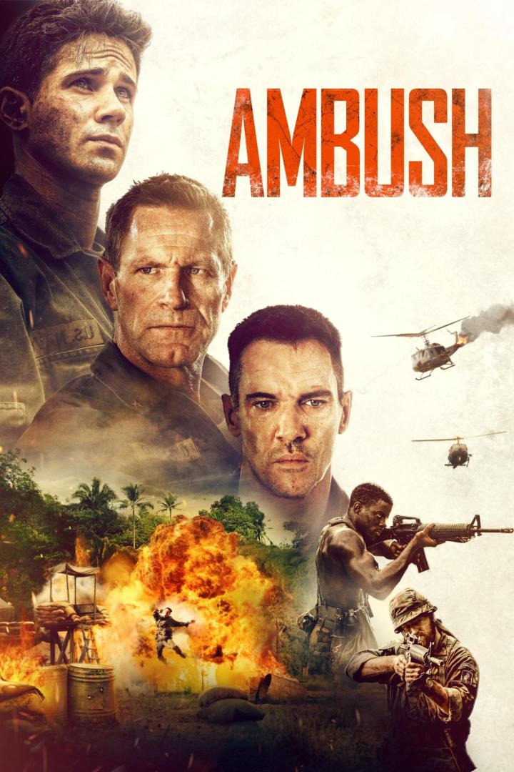 Das Filmplakat für „Ambush“ zeigt Soldaten und Explosionen im Vietnamkrieg.