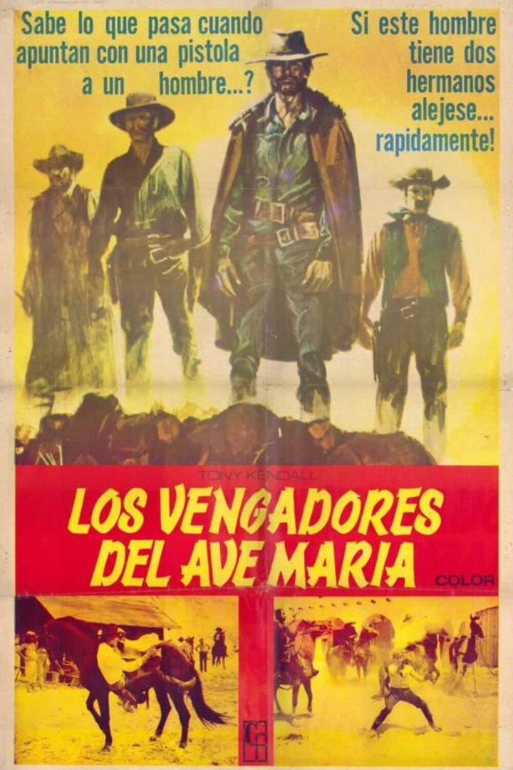 Das Filmplakat für „Los Vengadores del Ave Maria“ zeigt vier bewaffnete Männer im Wilden Westen.