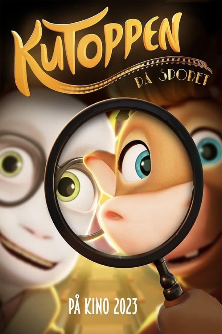 Das Filmplakat für „Kutoppen – Auf der Spur“ zeigt zwei animierte Figuren durch eine Lupe betrachtet.