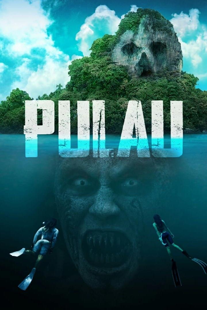 Das Filmplakat für „Pulau“ zeigt eine Schädelinsel, Taucher und ein Zombiegesicht unter Wasser.