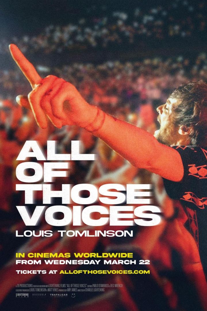 Das Filmplakat für „All of Those Voices“ mit Louis Tomlinson vor einer jubelnden Menschenmenge.