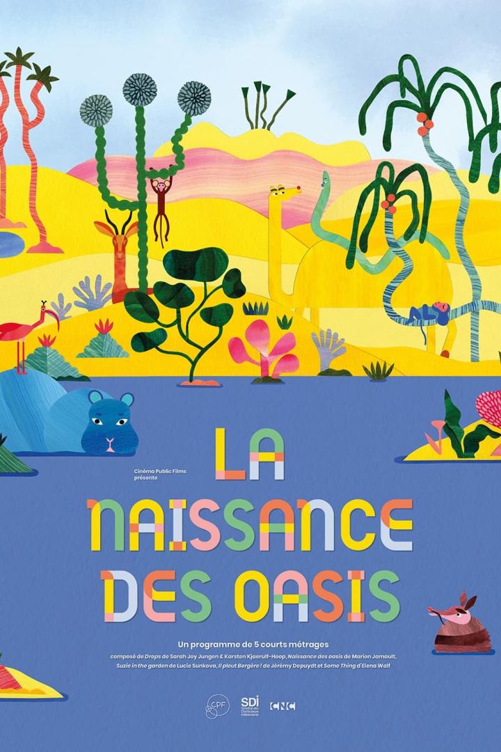 Ein farbenfrohes, illustratives Poster für „La Naissance des Oasis“ mit stilisierten Tieren und Pflanzen.
