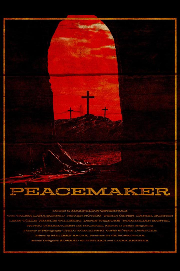 Das rote Filmposter für „Peacemaker“ zeigt Kreuze auf einem Hügel und einen dunklen Himmel.