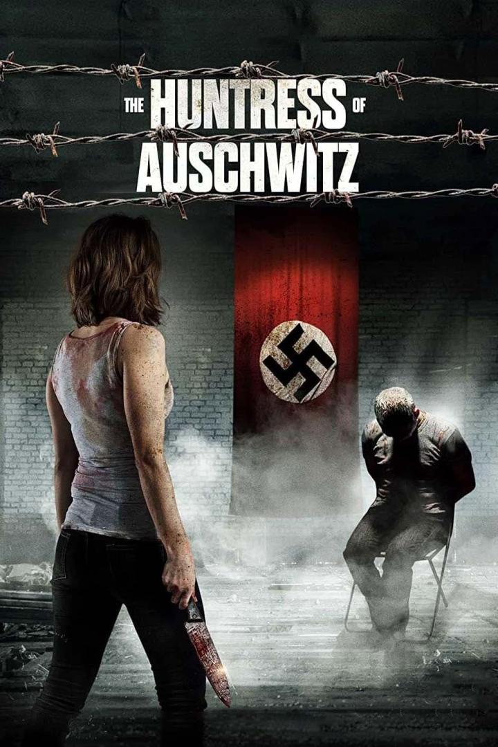Eine Frau mit einem blutigen Messer vor einer Hakenkreuzflagge und einem gefesselten Mann.