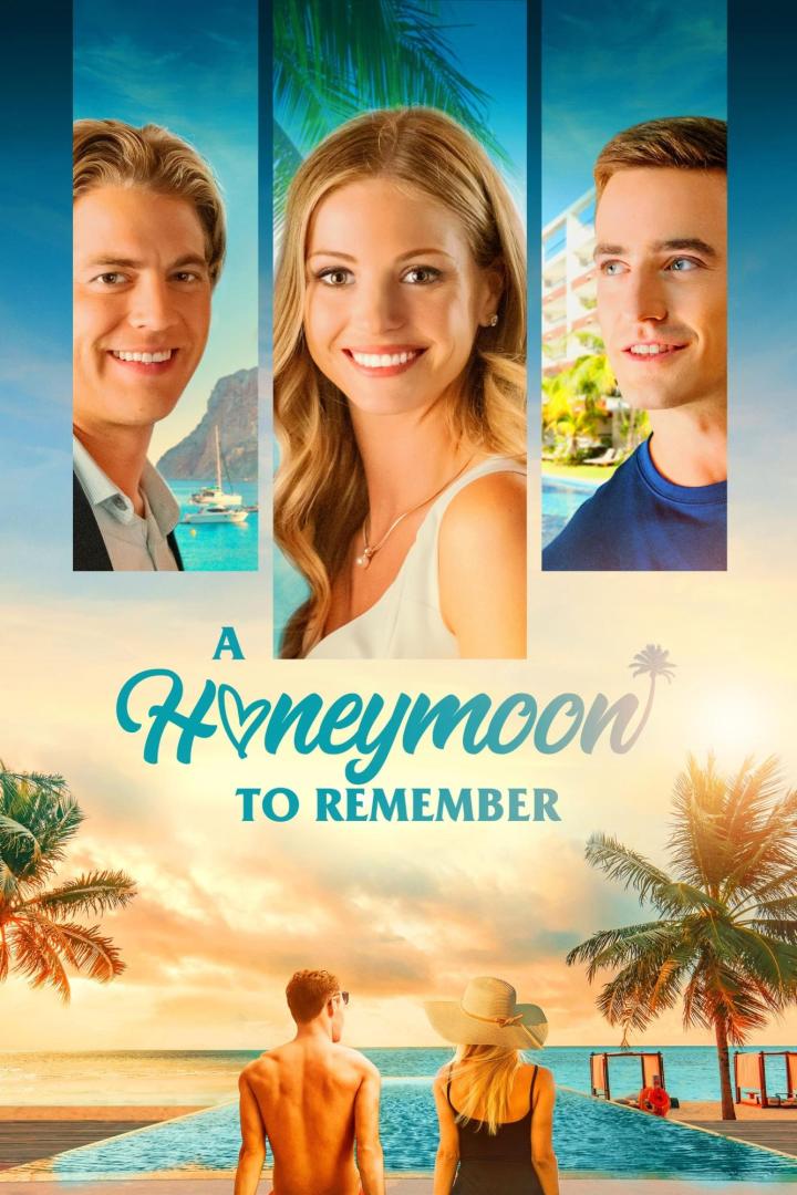 Das Filmplakat für „A Honeymoon to Remember“ zeigt drei Personen vor einer tropischen Kulisse.