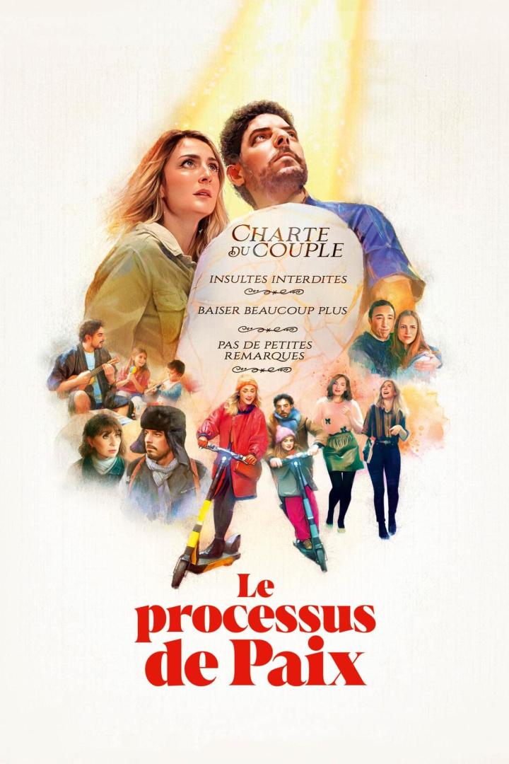 Das Filmplakat für „Le processus de Paix“ zeigt ein Paar und weitere Personen, die nach oben schauen.