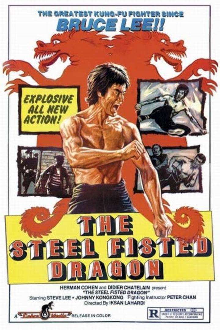 Das Filmplakat für „The Steel Fisted Dragon“ zeigt einen muskulösen Mann vor einem roten Drachen.