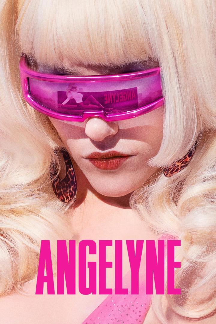 Detailaufnahme des Gesichts von Angelyne mit pinkfarbener futuristischer Brille.