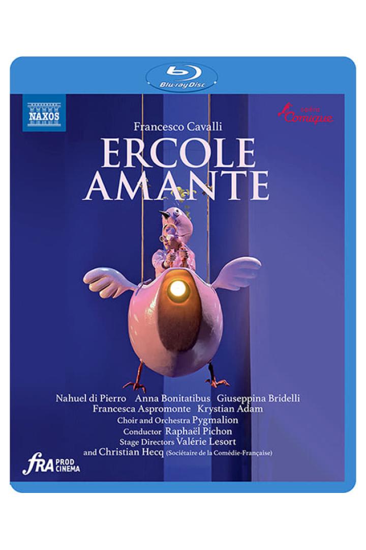 Das Cover der Blu-ray Disc von Francesco Cavallis „Ercole Amante“ mit einer Vogelpuppe.