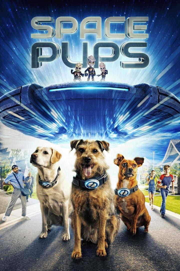 Das Filmplakat für „Space Pups“ zeigt drei Hunde mit Halsbändern unter einem Raumschiff und kleinen Aliens.