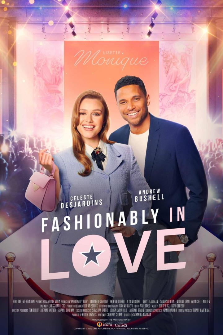 Die Schauspieler Celeste Desjardins und Andrew Bushell auf dem Filmplakat zu „Fashionably in Love“.