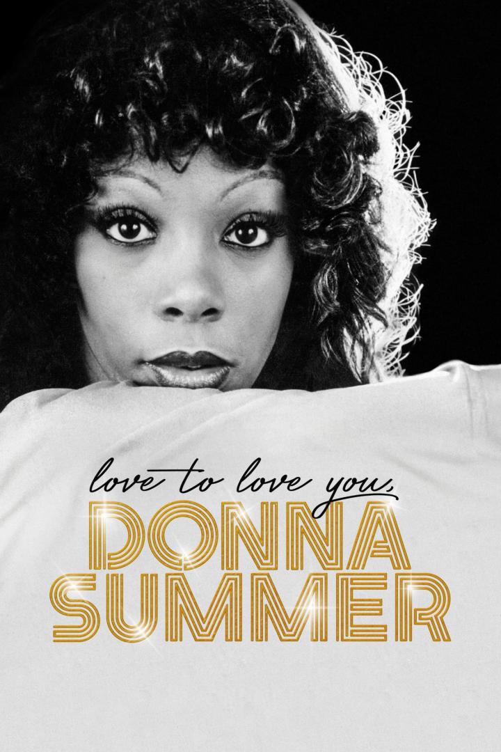 Schwarzweiß-Porträt von Donna Summer mit dem Schriftzug „Love to Love You Donna Summer“.