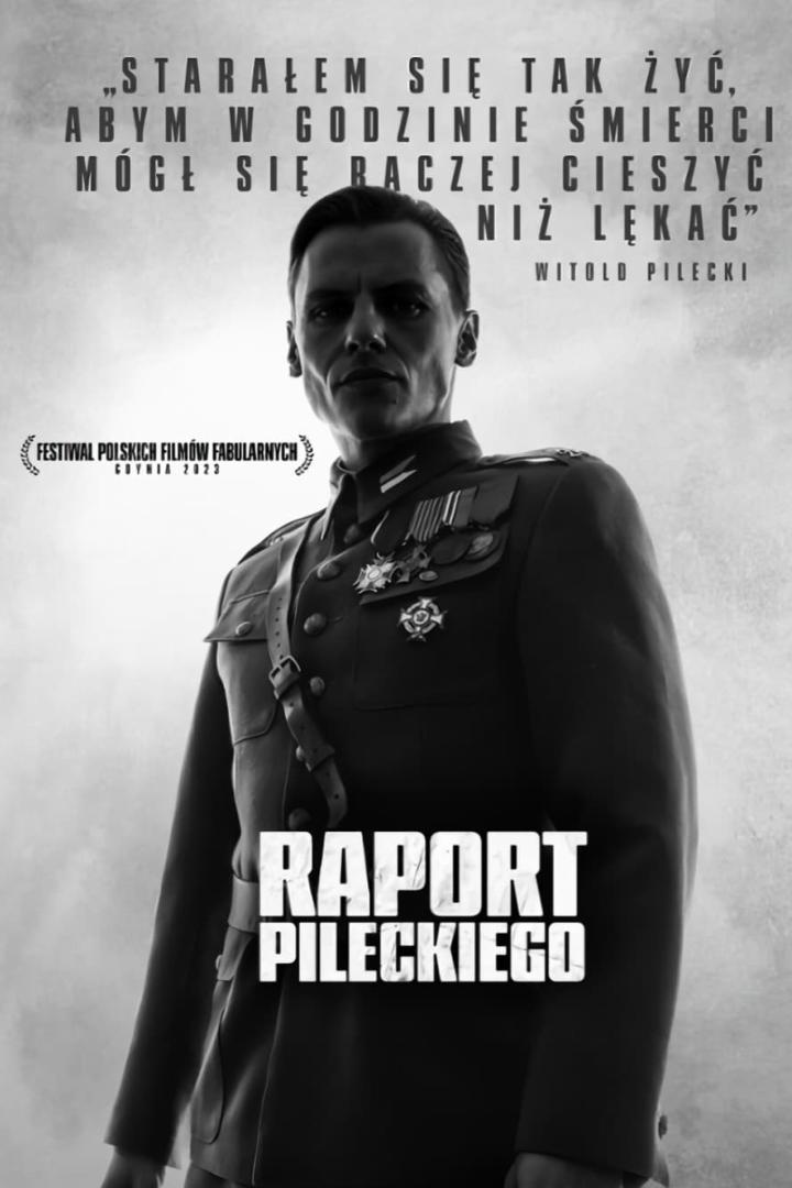 Das Filmplakat für „Raport Pileckiego“ zeigt einen Mann in Militäruniform.
