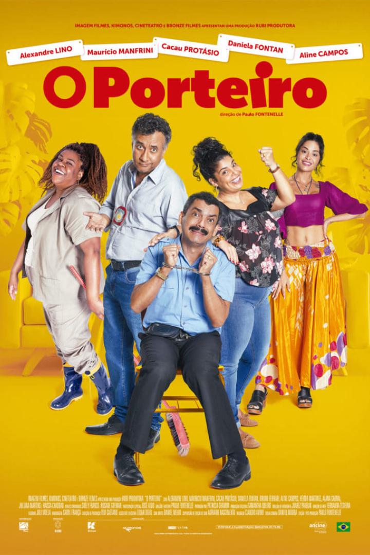 Das Filmplakat für „O Porteiro“ zeigt eine Gruppe von Schauspielern vor einem gelben Hintergrund.
