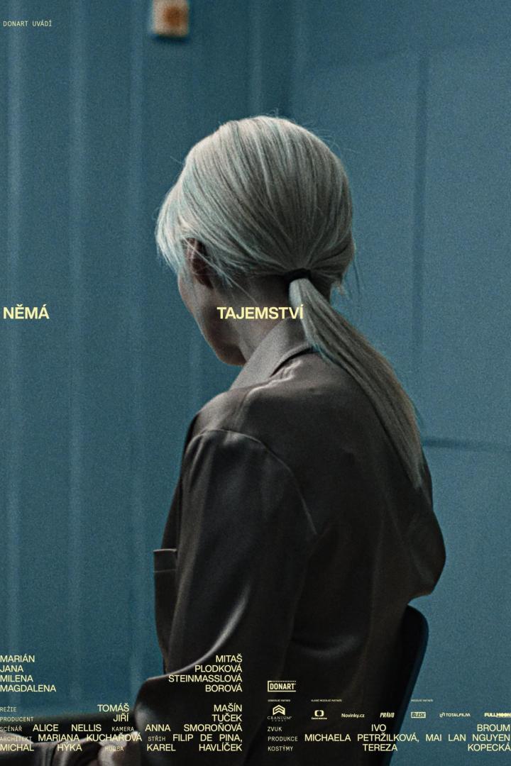 Das Filmplakat für „Němá tajemství“ zeigt eine Frau mit blondem Haar von hinten.