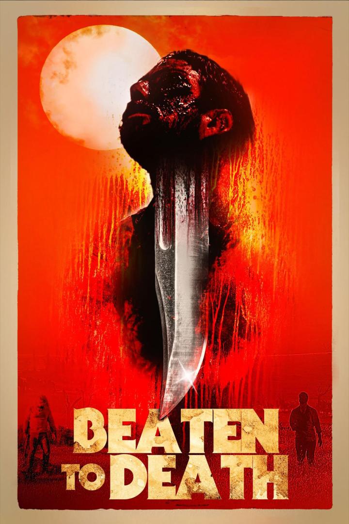 Das Filmplakat für „Beaten to Death“ zeigt einen Mann mit einem Messer im Hals vor einem roten Hintergrund.