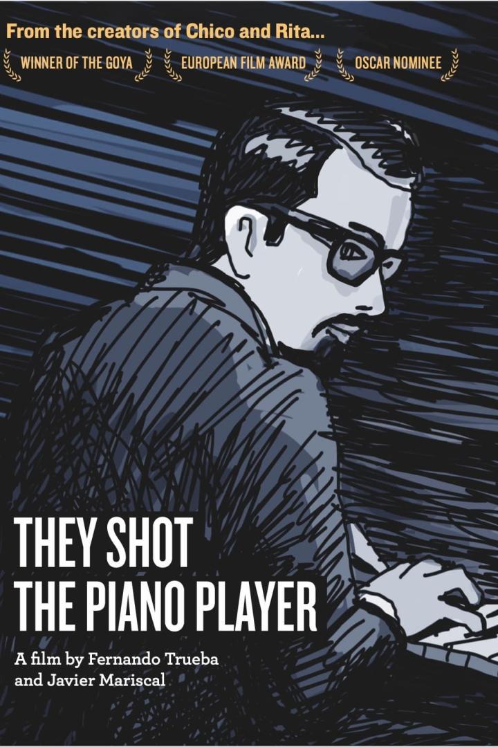 Das Filmplakat für „They Shot the Piano Player“ zeigt eine stilisierte Zeichnung eines Pianisten.