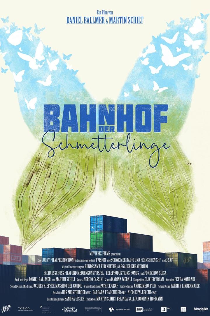 Das Filmplakat für „Bahnhof der Schmetterlinge“ zeigt stilisierte Bahngleise und Schmetterlinge.
