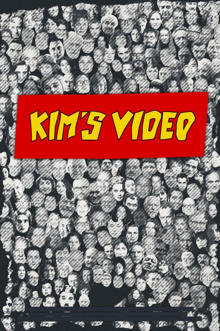 Eine Collage von Schwarz-Weiß-Porträts mit dem Schriftzug „Kim's Video“ auf einem roten Banner.