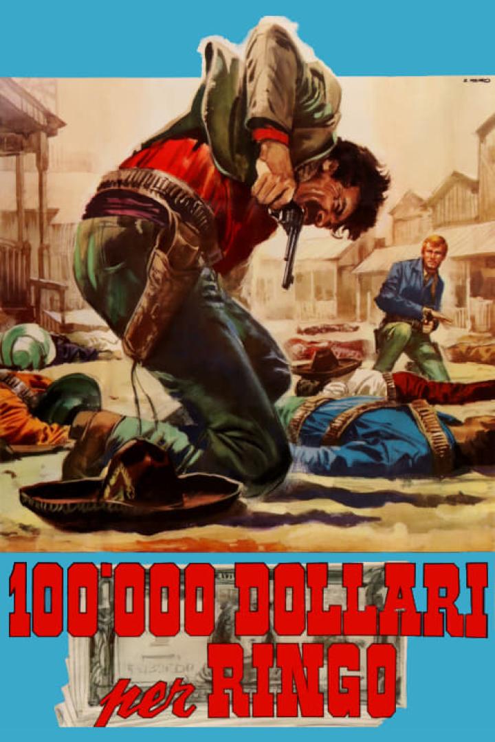 Ein Mann zielt mit einer Pistole auf dem Cover des Films „100.000 Dollari per Ringo“.