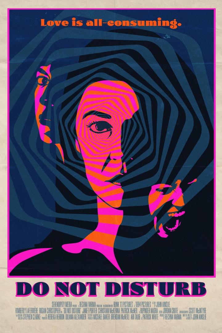 Das psychedelische Filmplakat für „Do Not Disturb“ zeigt stilisierte Gesichter in Pink, Orange und Blau.