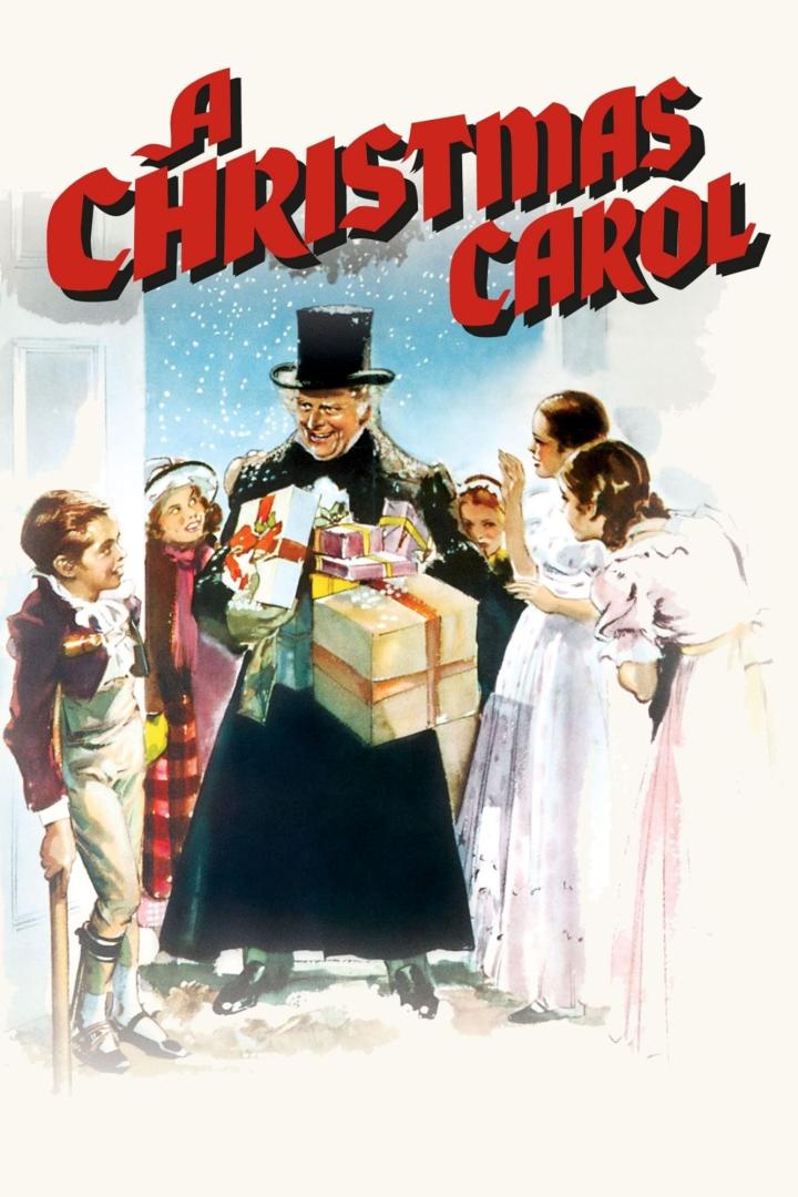 Illustration des Filmplakats für „A Christmas Carol“ mit Ebenezer Scrooge, der Geschenke bringt.