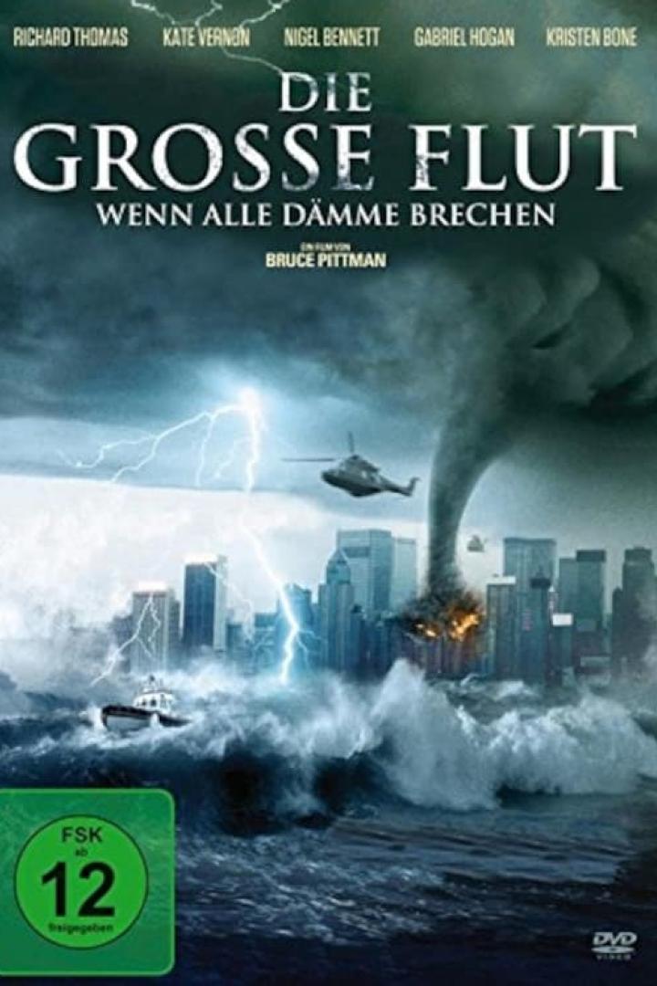Das Filmplakat für „Die Grosse Flut“ zeigt eine Stadt, die von einem Tornado und riesigen Wellen bedroht wird.
