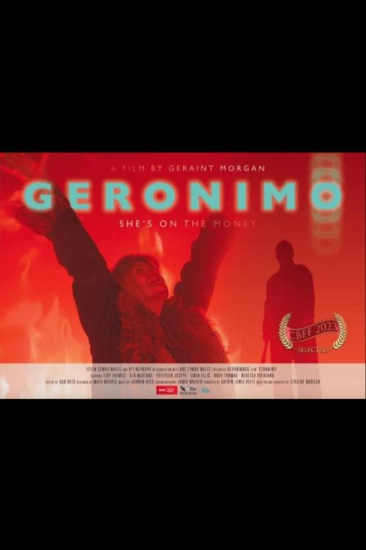 Das Filmplakat für „Geronimo“ zeigt eine Person mit erhobenen Armen vor rotem Hintergrund.