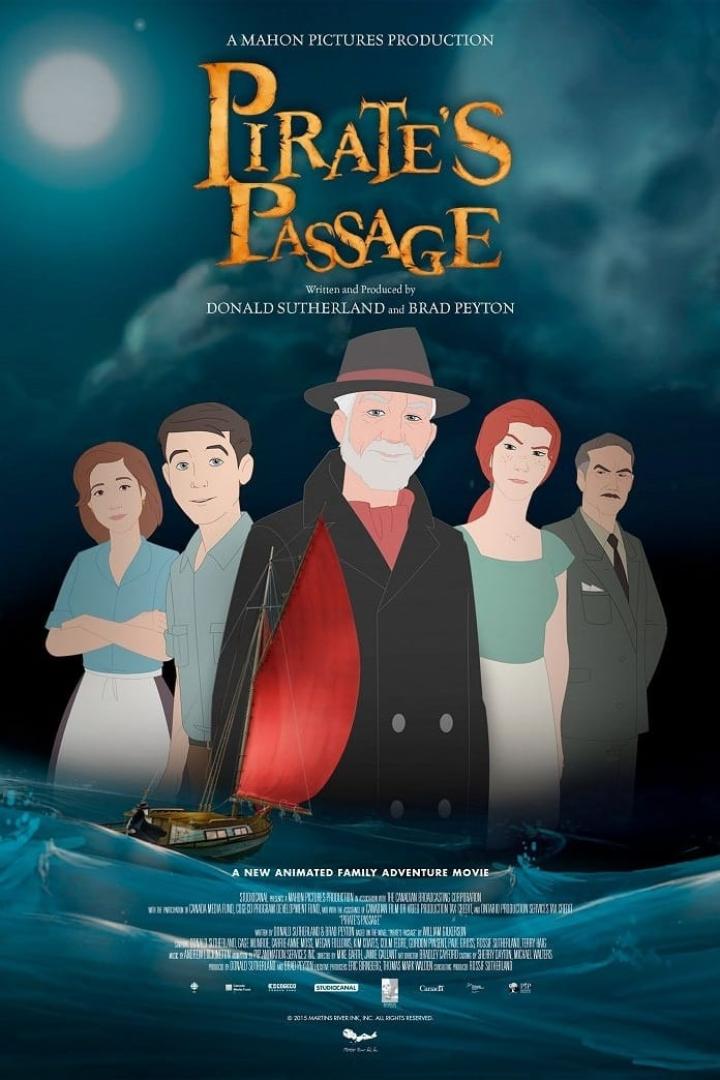 Das Filmplakat für „Pirate's Passage“ zeigt eine animierte Familie und ein Segelboot auf stürmischer See.