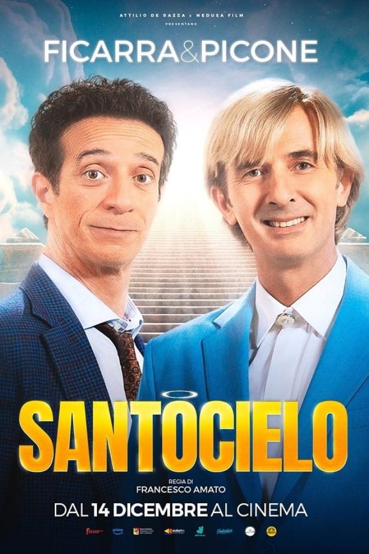 Das Filmplakat zu „Santocielo“ zeigt Ficarra & Picone vor einer Treppe zum Himmel.
