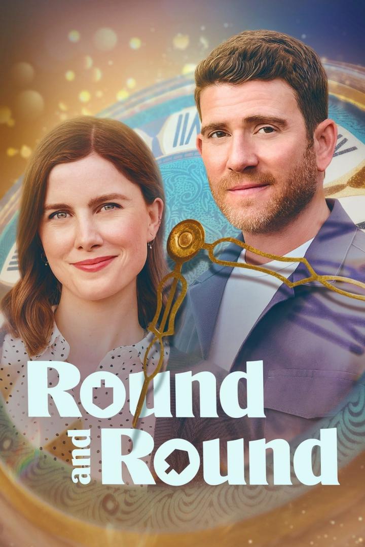 Das Filmplakat für „Round and Round“ zeigt eine Frau und einen Mann vor einem Uhrwerk.