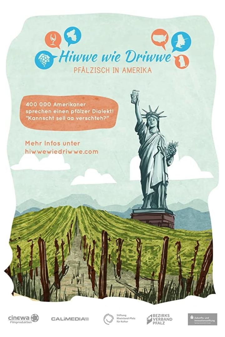 Eine stilisierte Darstellung der Freiheitsstatue vor einem Weinberg, Werbung für „Hiwwe wie Driwwe“.