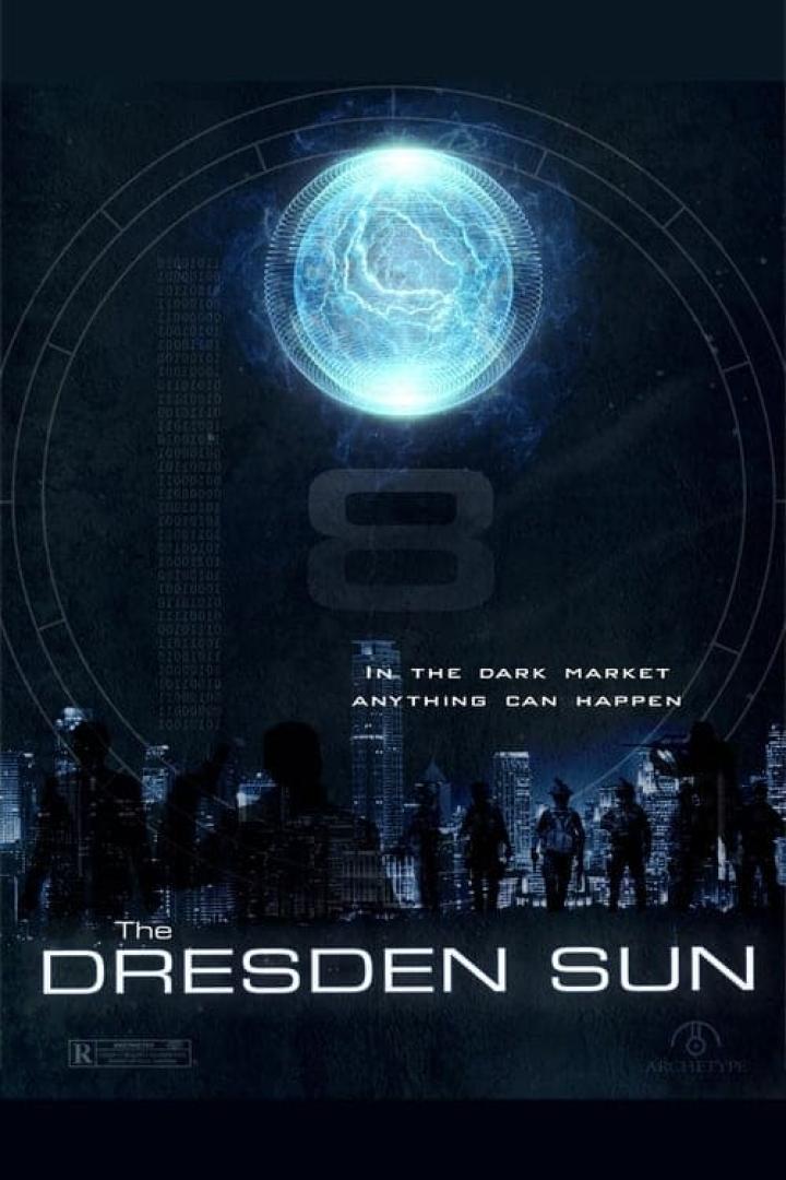 Das Filmplakat für „The Dresden Sun“ zeigt eine futuristische Stadtlandschaft unter einem leuchtenden Himmelskörper.