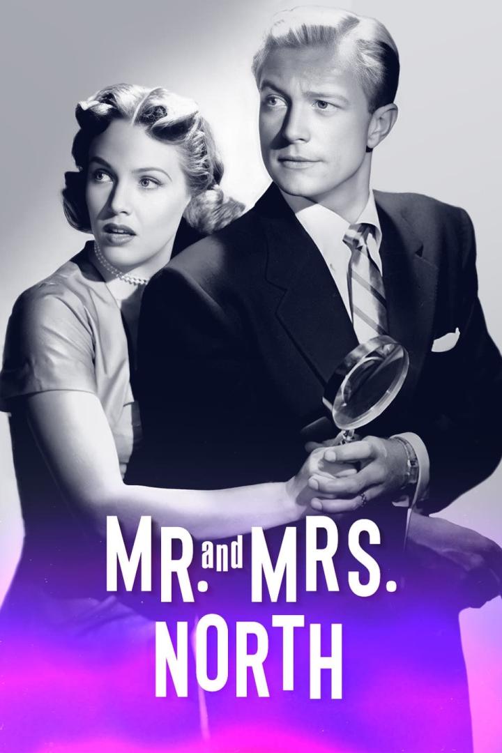 Ein Schwarzweiß-Poster für „Mr. and Mrs. North“ mit einem Paar, wobei der Mann eine Lupe hält.