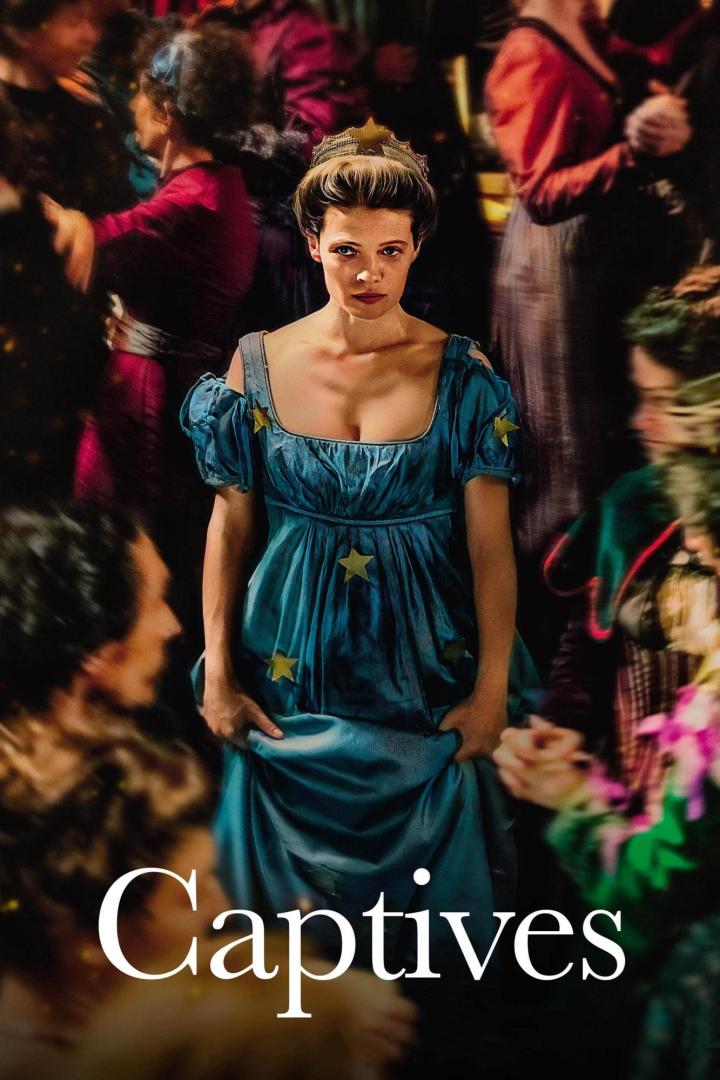 Eine Frau im blauen Kleid mit Sternen auf dem Filmplakat zu „Captives“.
