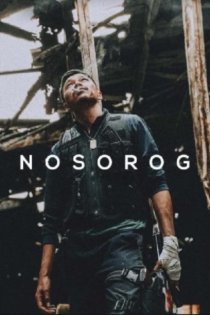 Ein Mann mit Kampfspuren blickt in einer zerstörten Umgebung nach oben; Filmposter „Nosorog“.