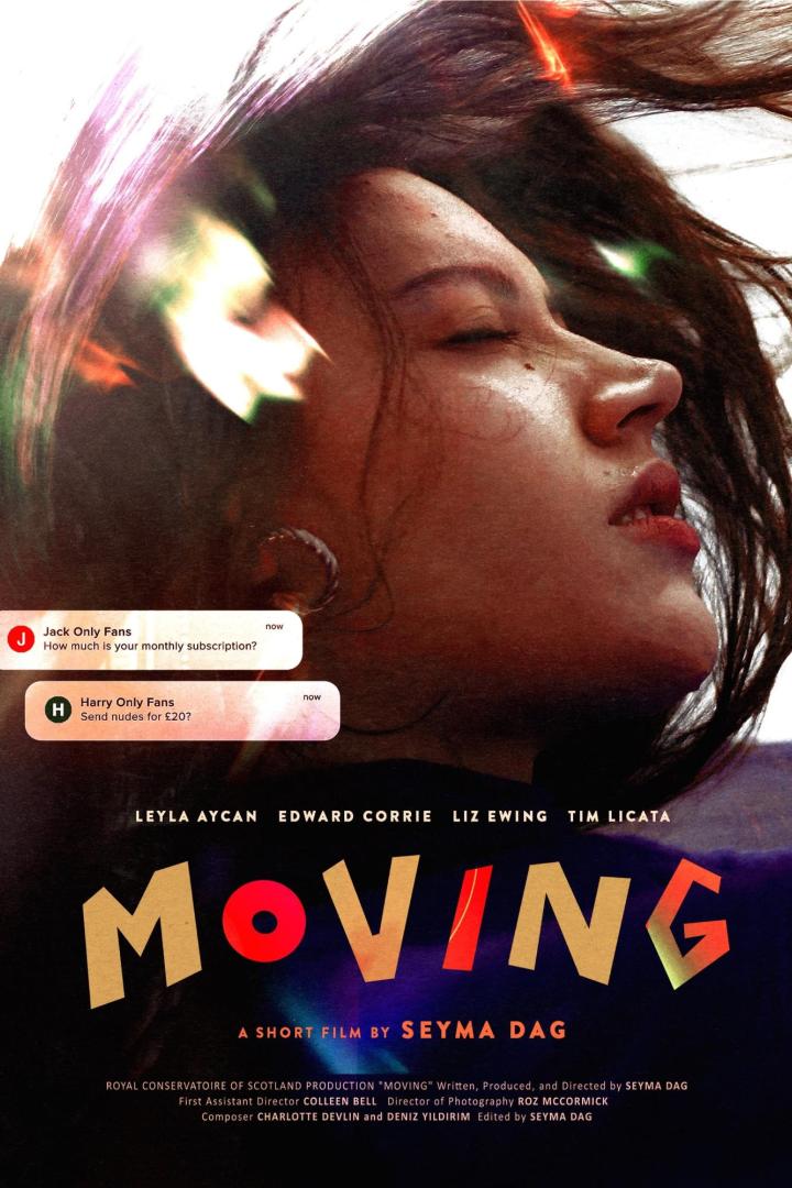 Das Filmplakat für „Moving“ zeigt das Gesicht einer jungen Frau und Chatnachrichten über ein OnlyFans-Abonnement.