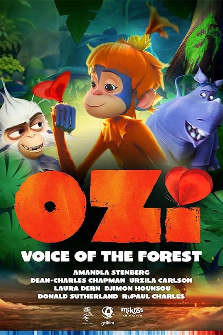 Das Filmplakat für „Ozi: Voice of the Forest“ zeigt einen animierten Affen mit einem Schmetterling.