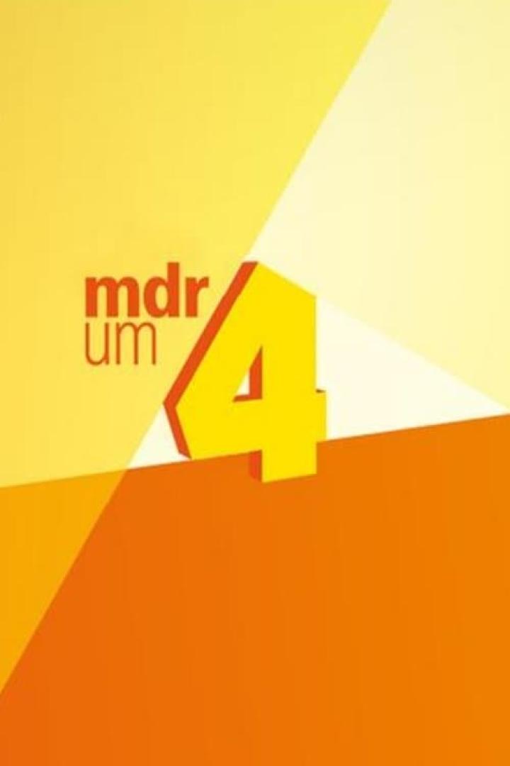 Das Logo der Sendung „MDR um 4“ in Gelb- und Orangetönen.