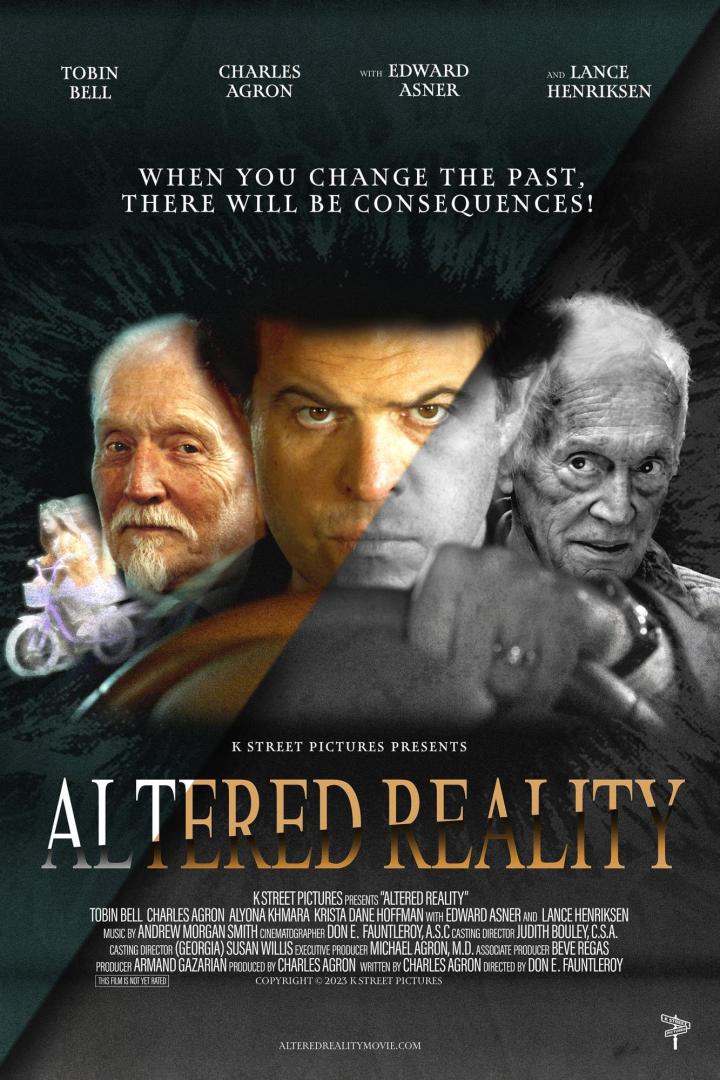 Das Filmplakat für „Altered Reality“ zeigt die Gesichter von Tobin Bell, Charles Agron, Edward Asner und Lance Henriksen.