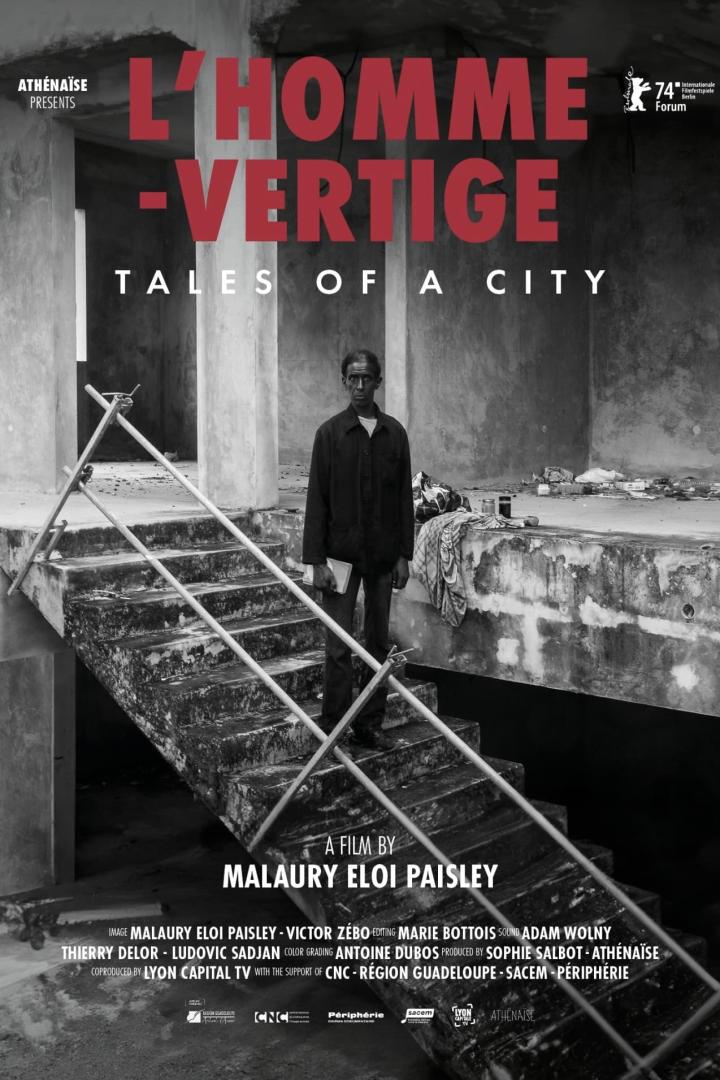 Ein Mann steht auf einer Treppe im Filmplakat für „L'Homme-Vertige: Tales of a City“.