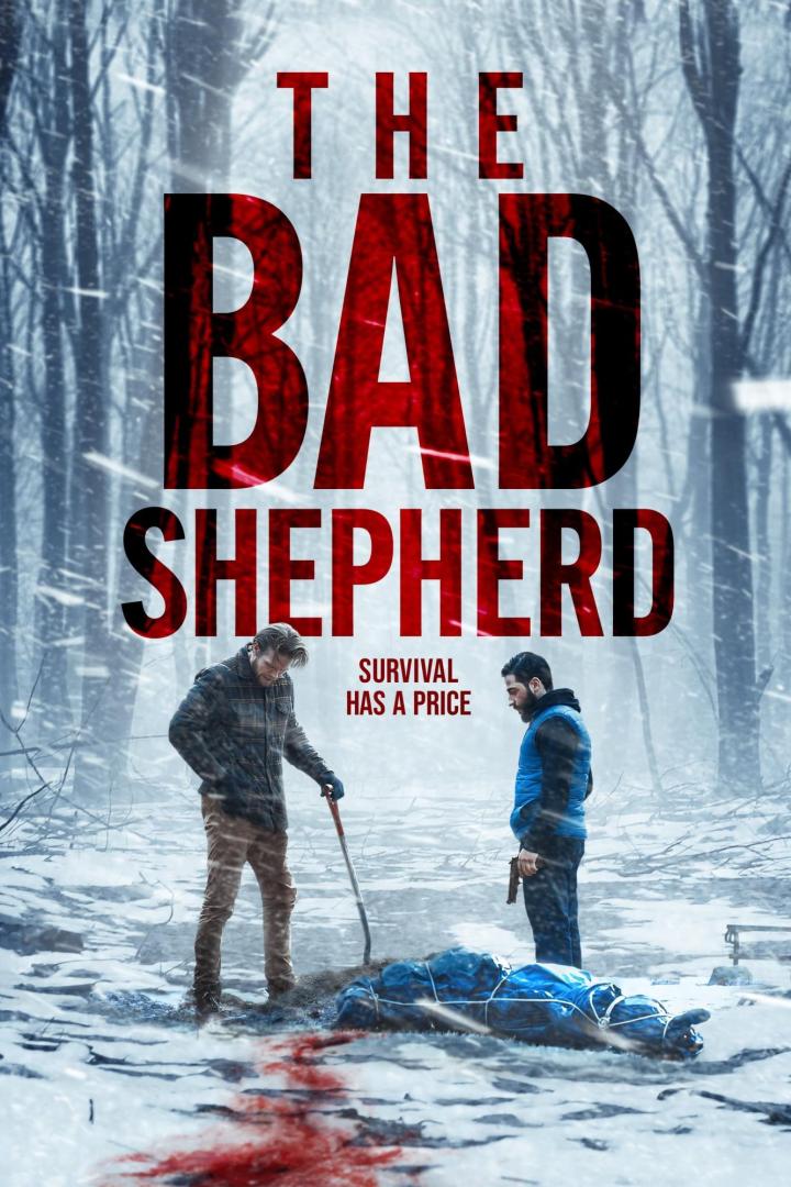 Auf dem Filmplakat zu „The Bad Shepherd“ stehen zwei Männer neben einer Leiche im Schnee.