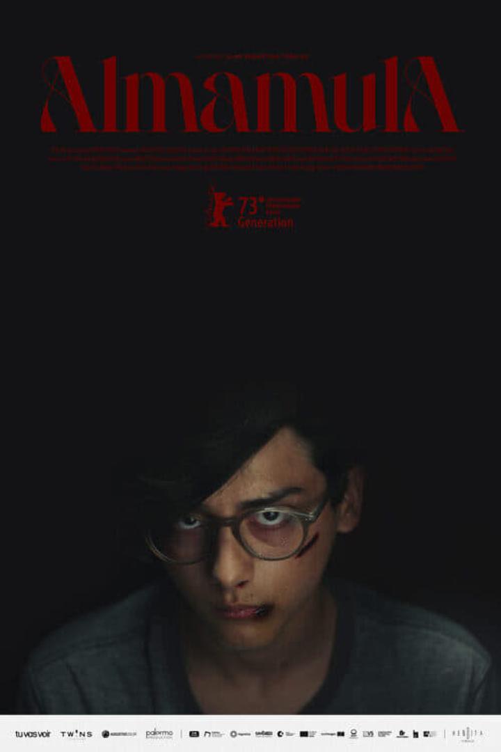 Das Filmplakat für „Almamula“ zeigt einen verletzten Jugendlichen mit Brille im Dunkeln.