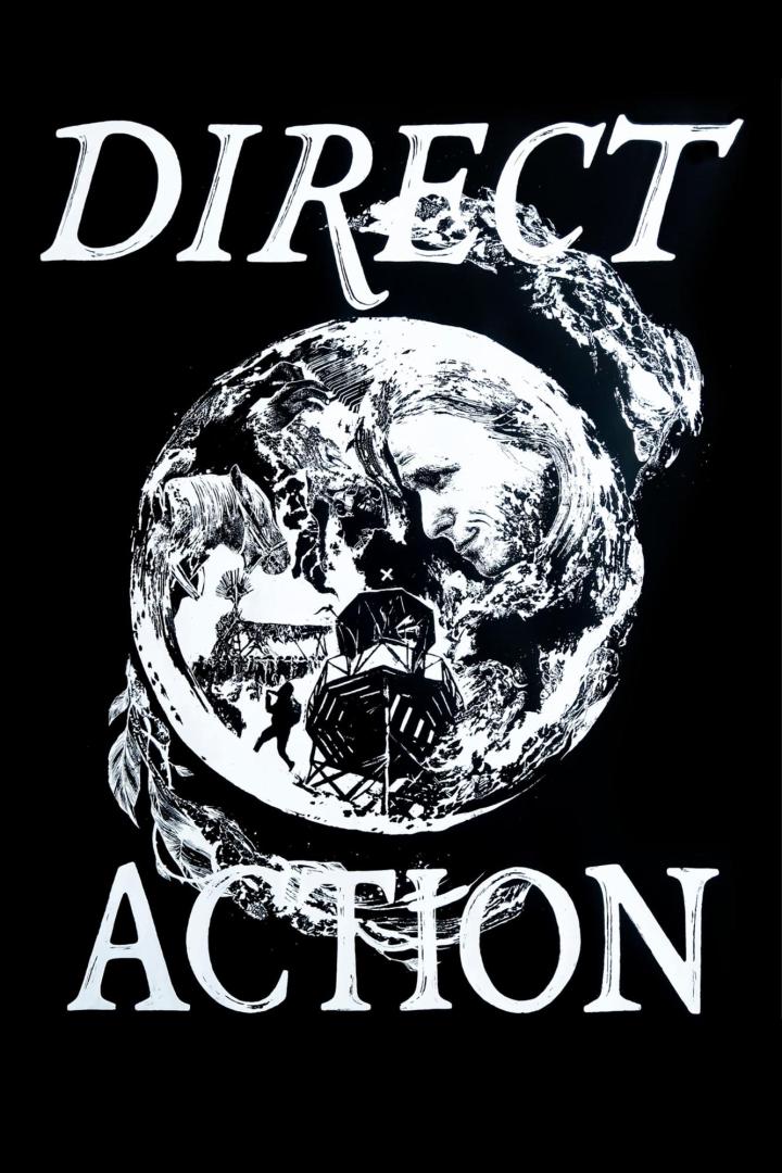 Eine Schwarz-Weiß-Grafik mit dem Text „Direct Action“ und einer Collage aus Erde, Mensch und Mondlandung.