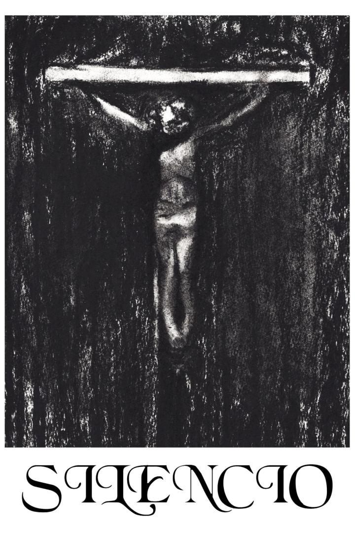 Eine Kohlezeichnung von Jesus Christus am Kreuz, unter dem das Wort „Silencio“ steht.